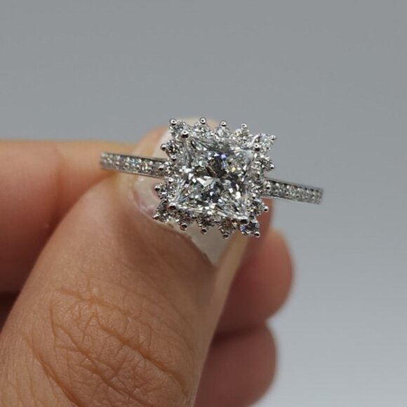 Jewelry - 14K Gold 1.63 Ct Lab Grown Halo Engagement Princess Cut Diamond Ring